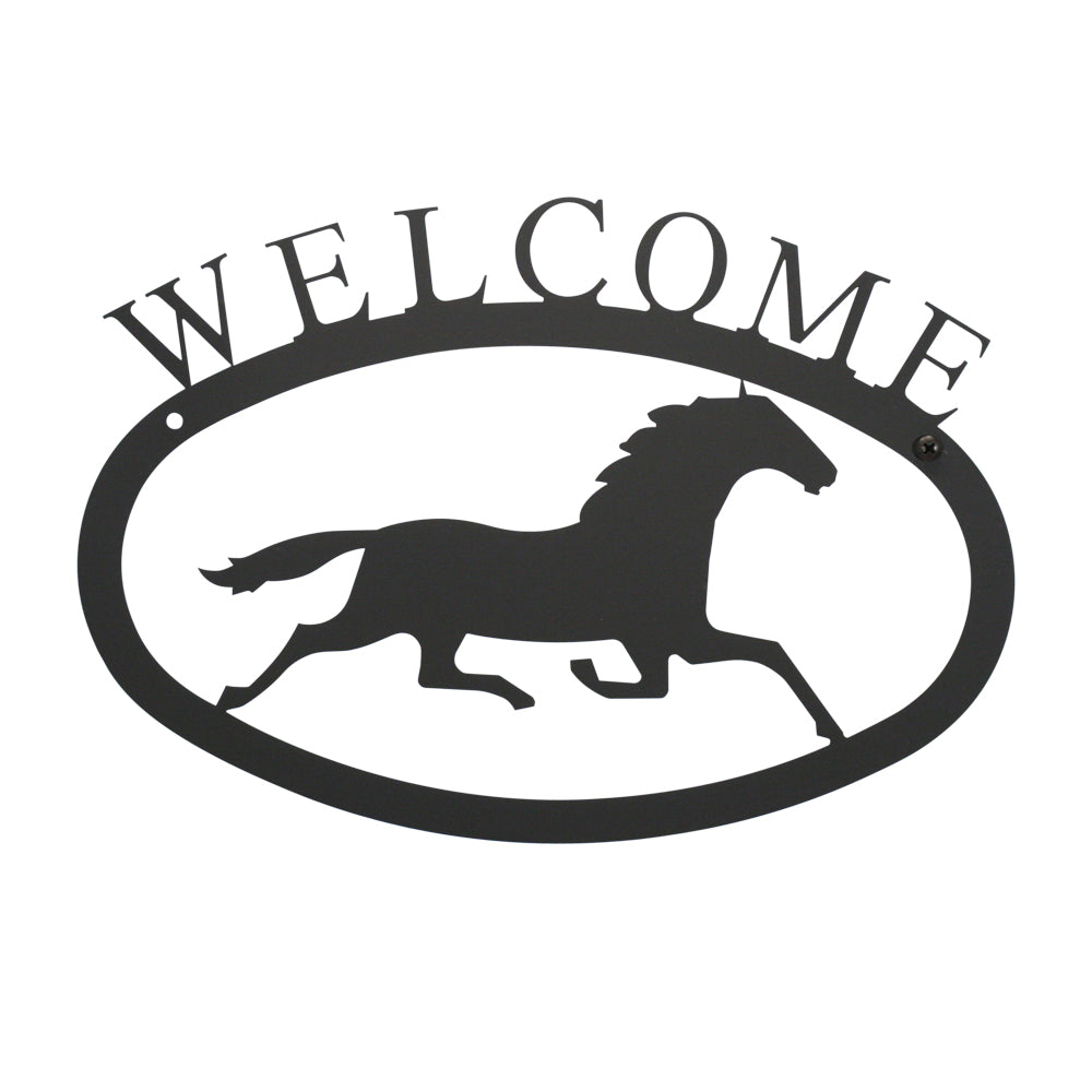 Welcome Sign With Running Horse Silhouette is handcrafted here in the USA and it has been powder coated for weather resistant indoor and outdoor use. It features the silhouette of a running horse in the center.  It is available in two sizes 11-3/8” wide  x 7-7/8” high and 17-1/2” wide x 12-½” high