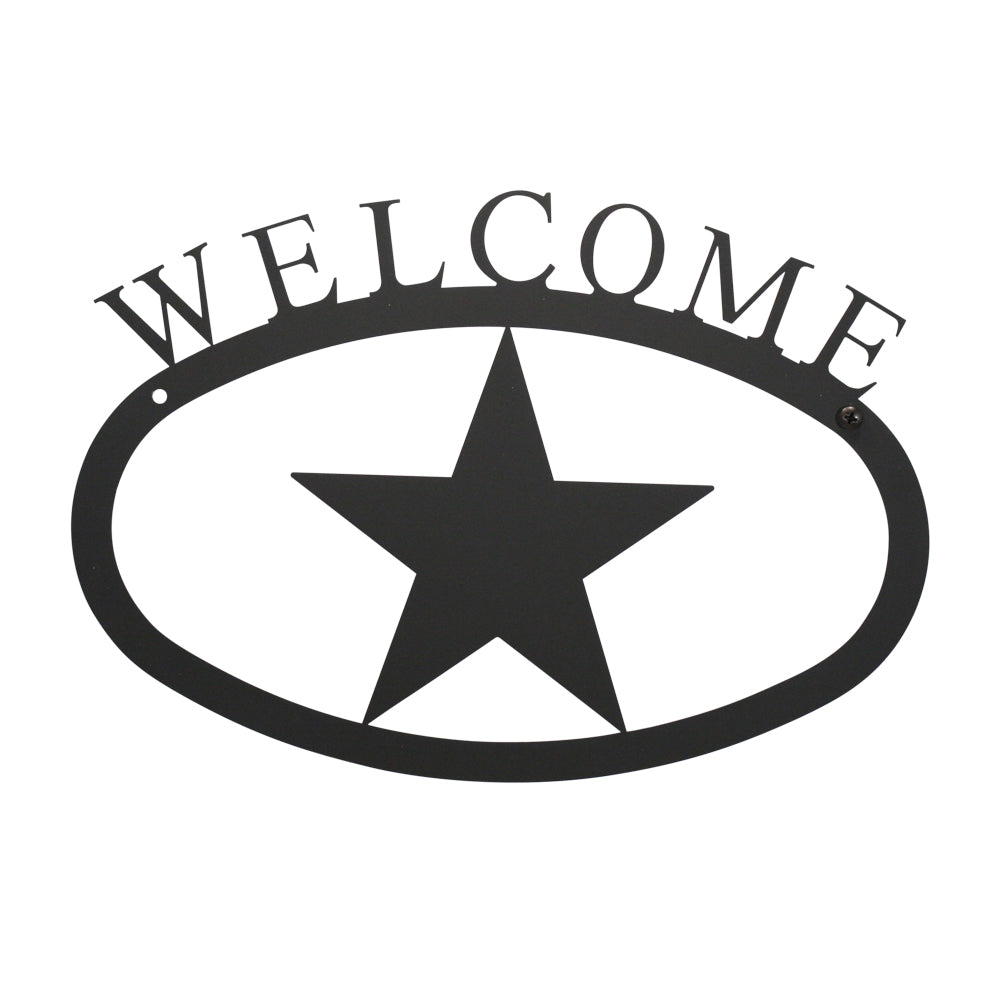 Our Welcome Sign With Texas Star Silhouette is handcrafted here in the USA and it has been powder coated for weather resistant indoor and outdoor use. It features the silhouette of a Texas Star in the center and is available in two sizes 11-3/8” wide x 7-7/8” high and 17-1/2” wide x 12-½” high.