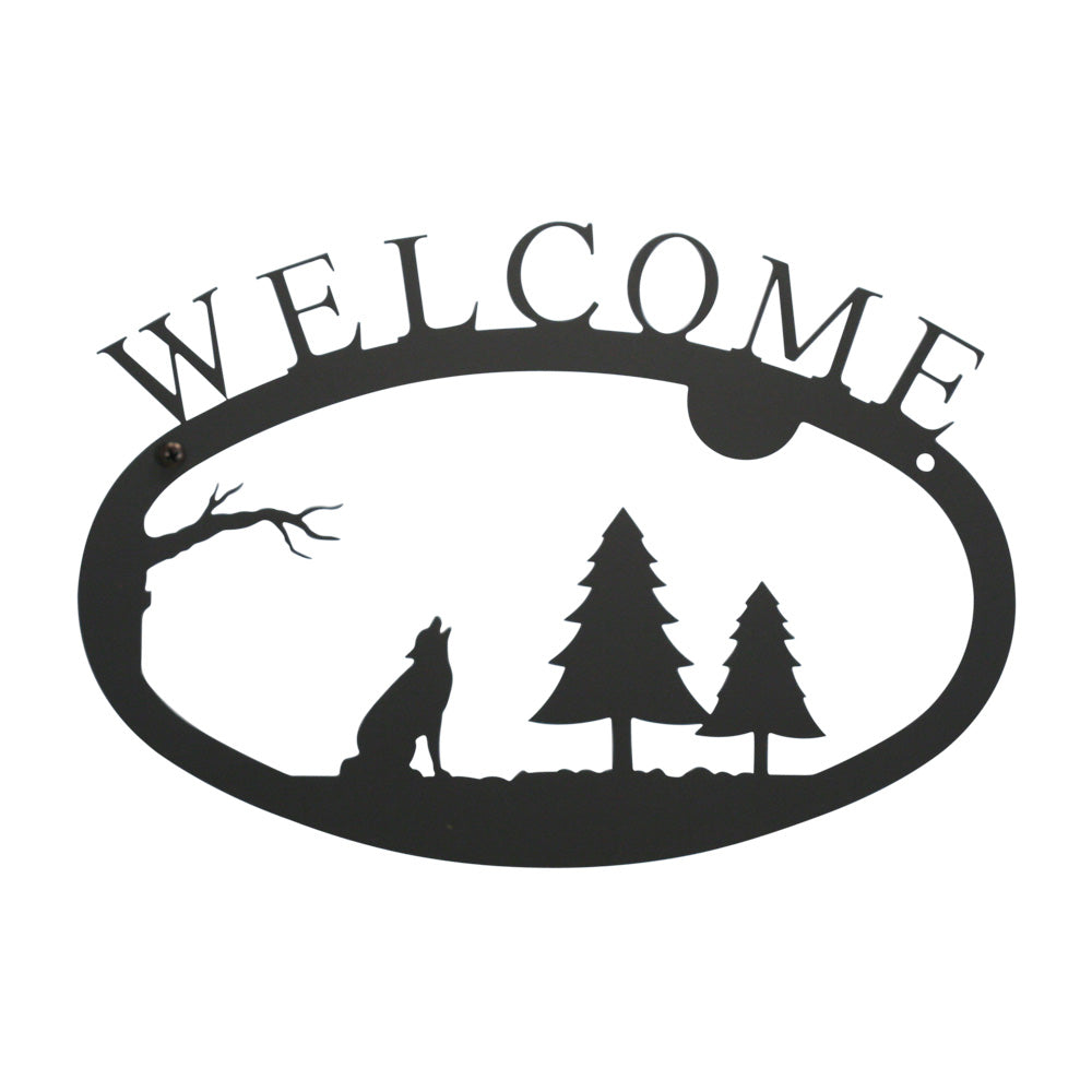 Our Welcome Sign With Wilderness Wolf Scene Silhouette is handcrafted here in the USA and it has been powder coated for weather resistant indoor and outdoor use. It features the silhouette of the wolf, pine trees, moon and branch in the center and is available in two sizes 11-3/8” wide x 7-7/8” high and 17-1/2” wide x 12-½” high.