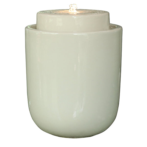  Our white Glazed Ceramic Egg Fountains are available in four colors, green, cobalt, white or black… these simple, yet elegant, fully self-contained ceramic fountains come complete with pump and LED light and will add color and tranquility to your patio, deck, or elsewhere in your home or garden. Water will beautifully bubble and cascade down to the bowl below.  Overall size is: Overall size is: 11.5” round x 14” high.