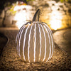  Our White Metal Indoor/Outdoor Pumpkin Candle Luminary is 18” tall x 12” in diameter and has a large 6” opening for you to add your own flameless candle or 3-wick jar candle and you will immediately light up any space day or night. Our steel construction pumpkins are rust-proof, powder coated, UV resistant and so great for creating indoor or outdoor beauty, season after season. Also available in orange and expresso colors.  Shown lit with candle, not included.