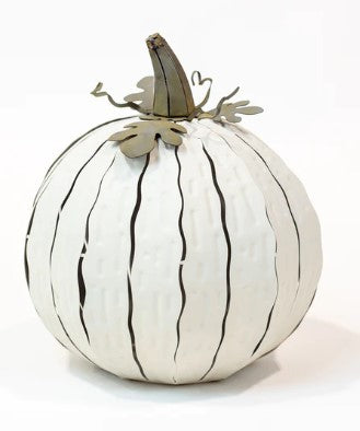 Our White Metal Indoor/Outdoor Pumpkin Candle Luminary is 15” tall x 14” in diameter and has a large 6” opening for you to add your own flameless candle or 3-wick jar candle and you will immediately light up any space day or night. Our steel construction pumpkins are rust-proof, powder coated, UV resistant and so great for creating indoor or outdoor beauty, season after season. Also available in orange and white mocha colors. 