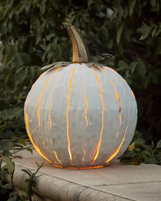 Our White Metal Indoor/Outdoor Pumpkin Candle Luminary is 15” tall x 14” in diameter and has a large 6” opening for you to add your own flameless candle or 3-wick jar candle and you will immediately light up any space day or night. Our steel construction pumpkins are rust-proof, powder coated, UV resistant and so great for creating indoor or outdoor beauty, season after season. Also available in orange and white mocha colors. 