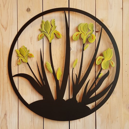 Our Yellow Iris Blooms Metal Indoor Outdoor Wall Art is available in four (4) colorful blooming iris colors, purple, yellow, teal or blue and white and each has been uniquely crafted in the USA by skilled artisans and custom made to order. Every piece created is powder coated for outdoor or indoor use and it captures the artist’s creative beauty of this magnificent flower wall hanging