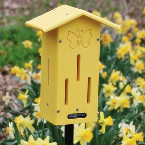 Our Yellow Poly Lumber Butterfly House with Pole Mount is a bright and beautiful butterfly house for your garden and will add color for you, as well as a resting place to attract butterflies. The poly lumber material is virtually indestructible, and it will never fade, crack or split.  It proudly stands 42” tall.